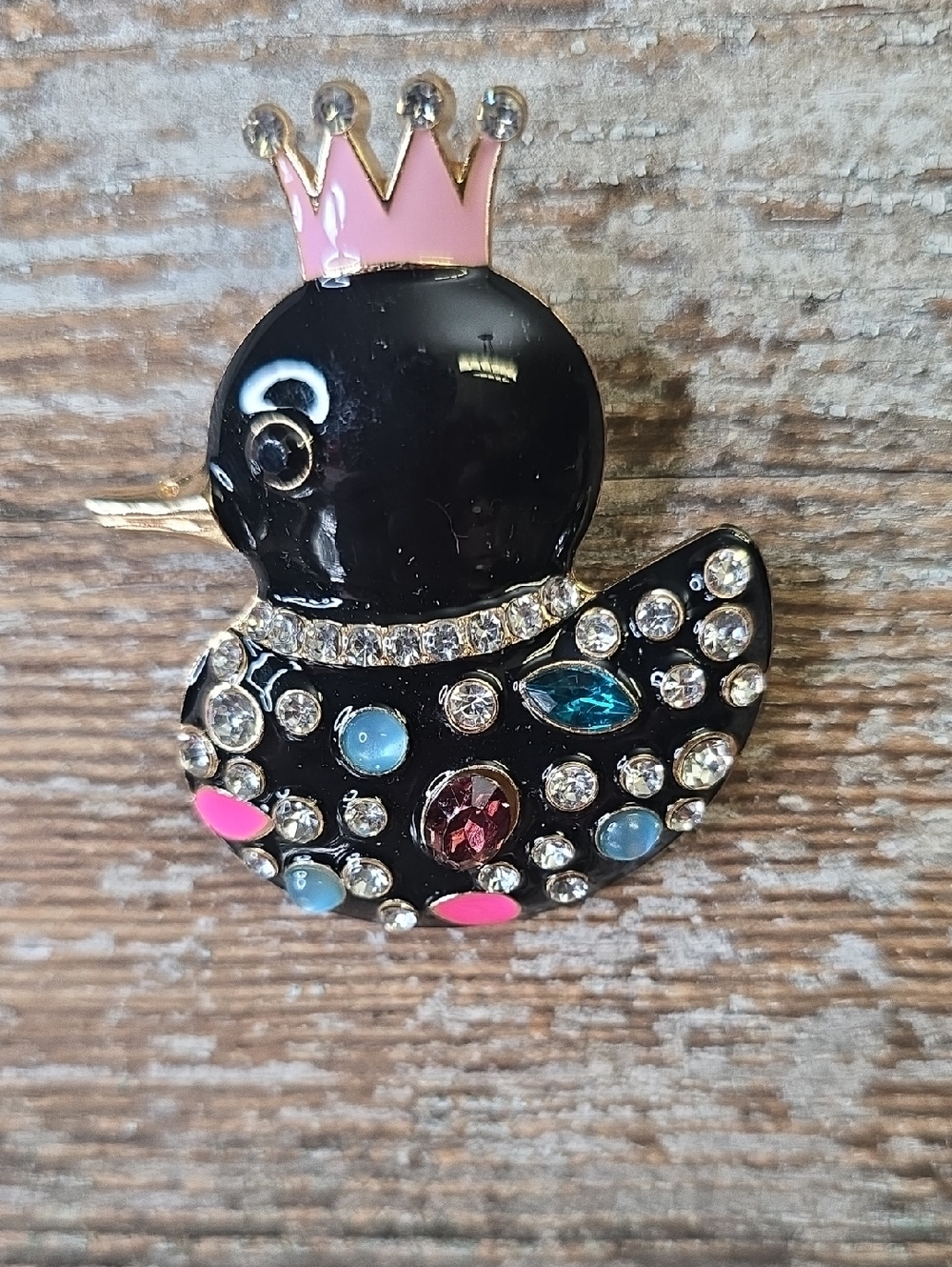 Black Jeweled Duck Brooch with Pink Crown, NEW